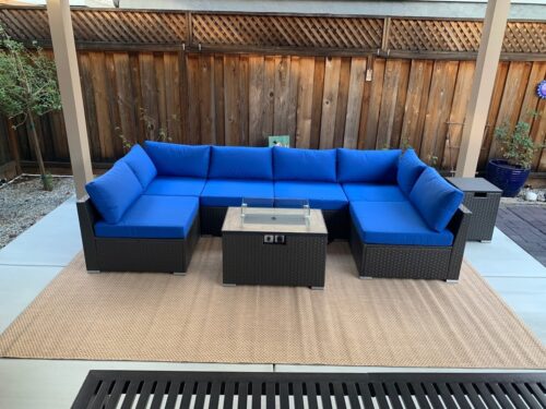 DINELI Patio Furniture Sectional Sofa with Gas Fire Pit Table Outdoor Patio Furniture Sets Propane Fire Pit (Turquoise-Square Table) photo review